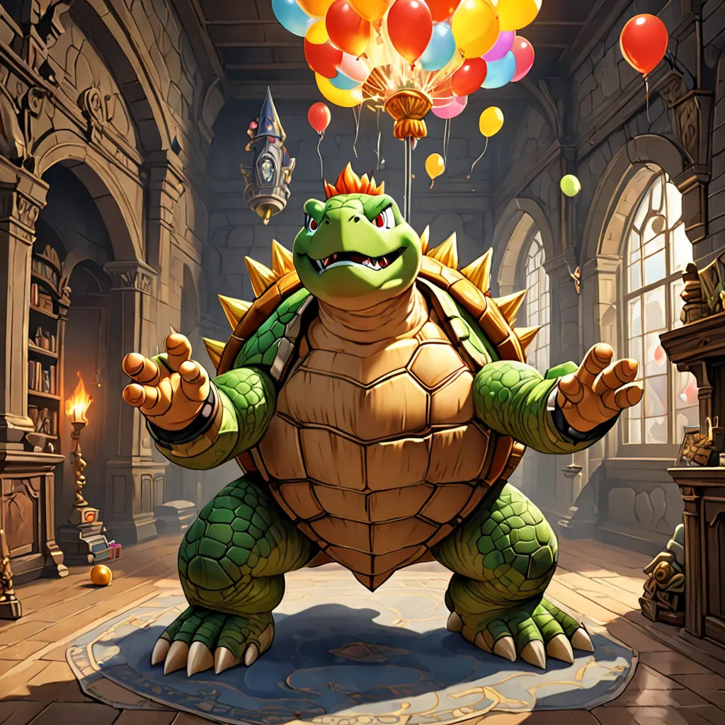 a cartoon turtle with balloons floating from its head and arms in a room with a fireplace and a clock, sots art, concept art, Chris LaBrooy, official art