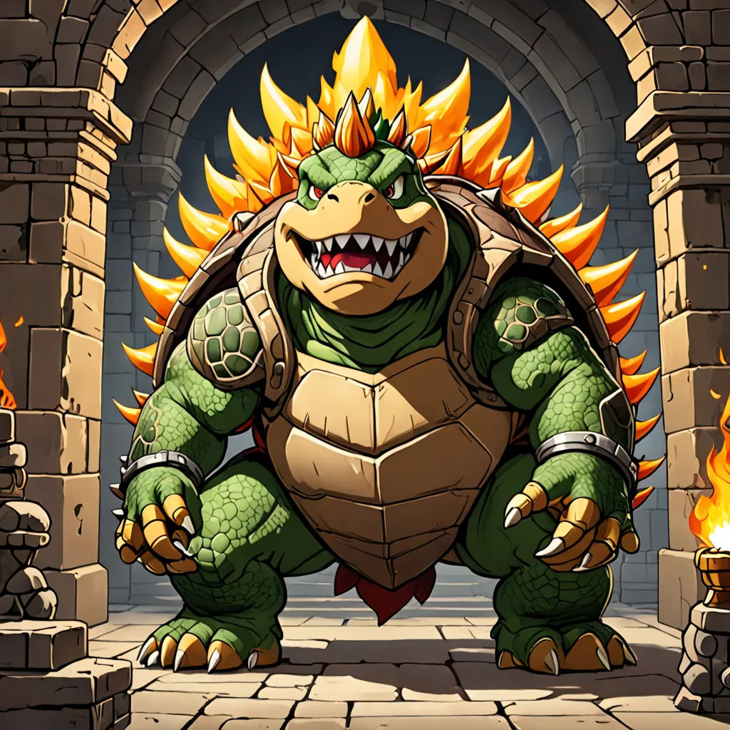 a cartoon of a monster with a fire in his mouth and a fire in his mouth, standing in front of a stone archway, sots art, concept art, Chris LaBrooy, official art