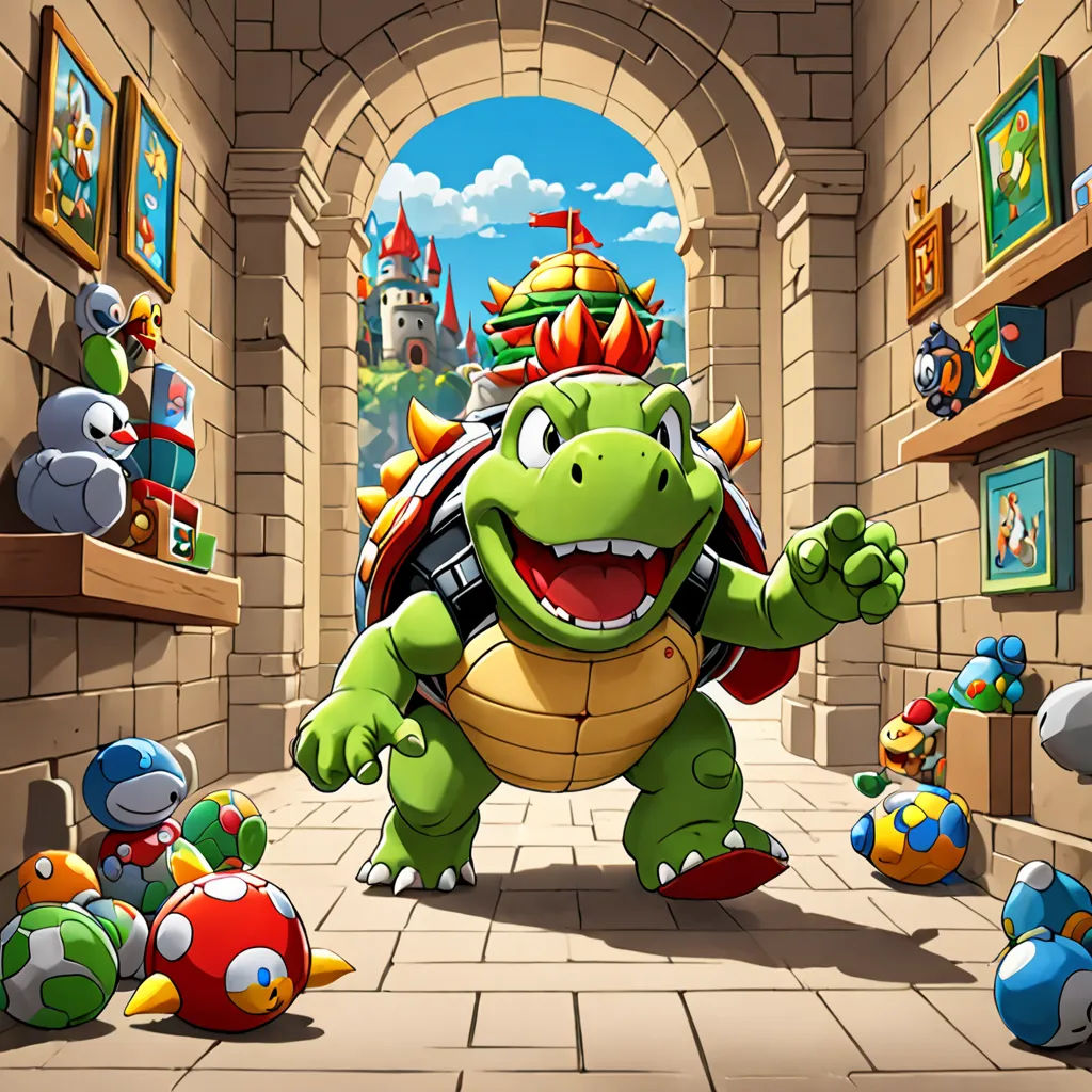 a cartoon character is in a room with toys and a wall with pictures on it and a turtle in the middle, sots art, concept art, Chris LaBrooy, official art