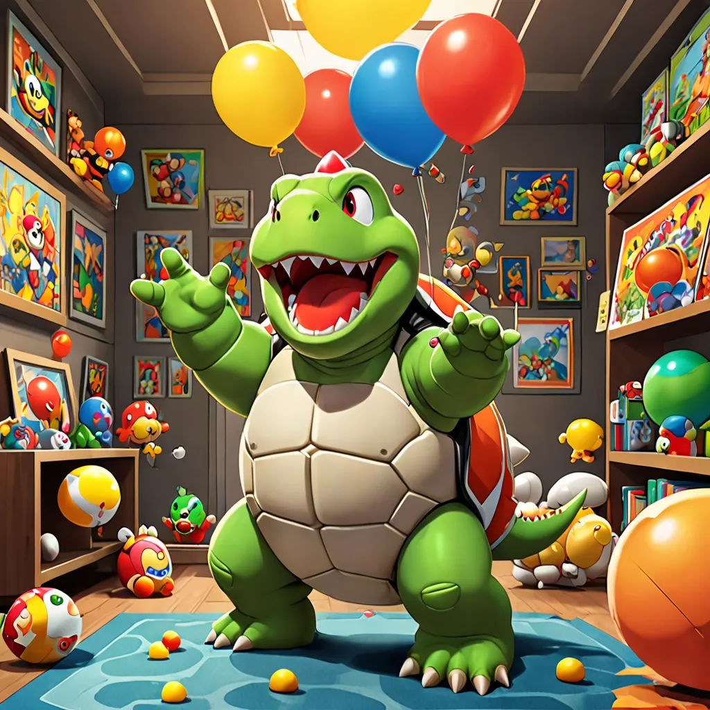 a cartoon turtle with balloons in a room with toys and a rug on the floor and a wall with pictures on it, sots art, a 3D render, Chris LaBrooy, official art