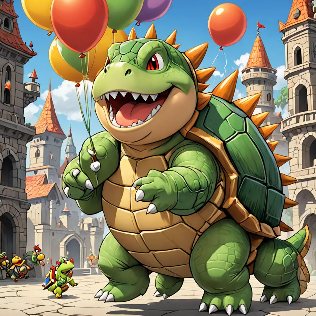 a cartoon character holding a bunch of balloons in front of a castle with a turtle and a turtle on it, sots art, concept art, Chris LaBrooy, official art