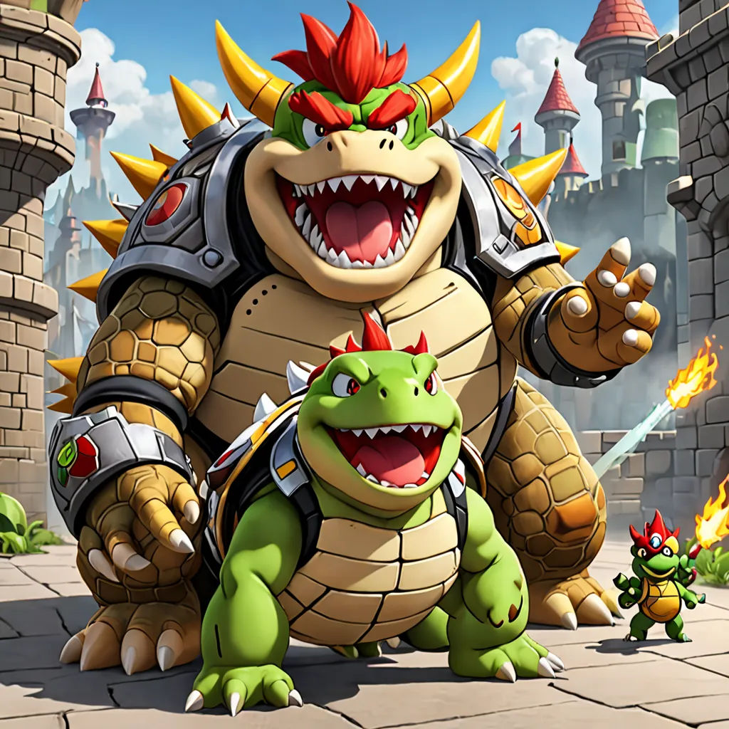 a cartoon character with a monster like creature in front of a castle with a fire breathing dragon on it, sots art, concept art, Chris LaBrooy, official art