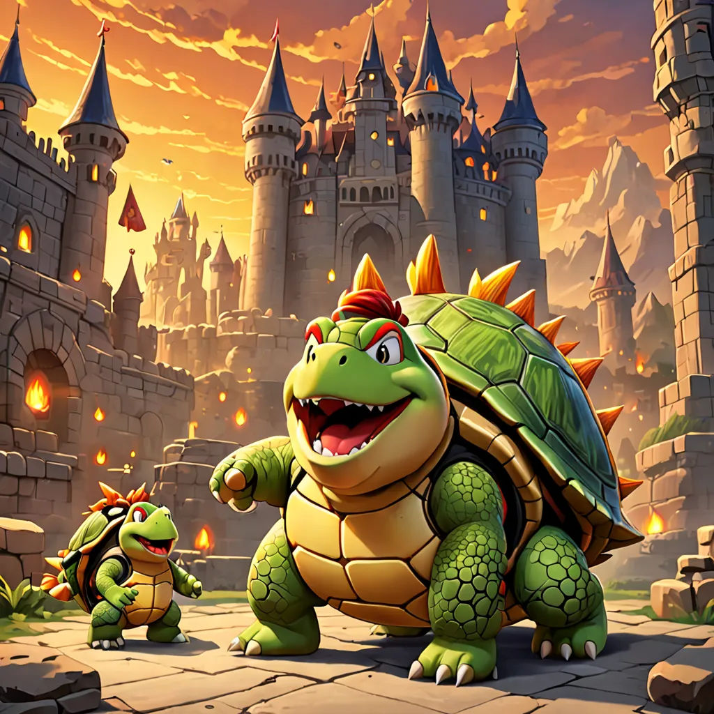 a cartoon turtle and a turtle with a castle in the background and a fire in the sky behind it, sots art, concept art, Chris LaBrooy, official art