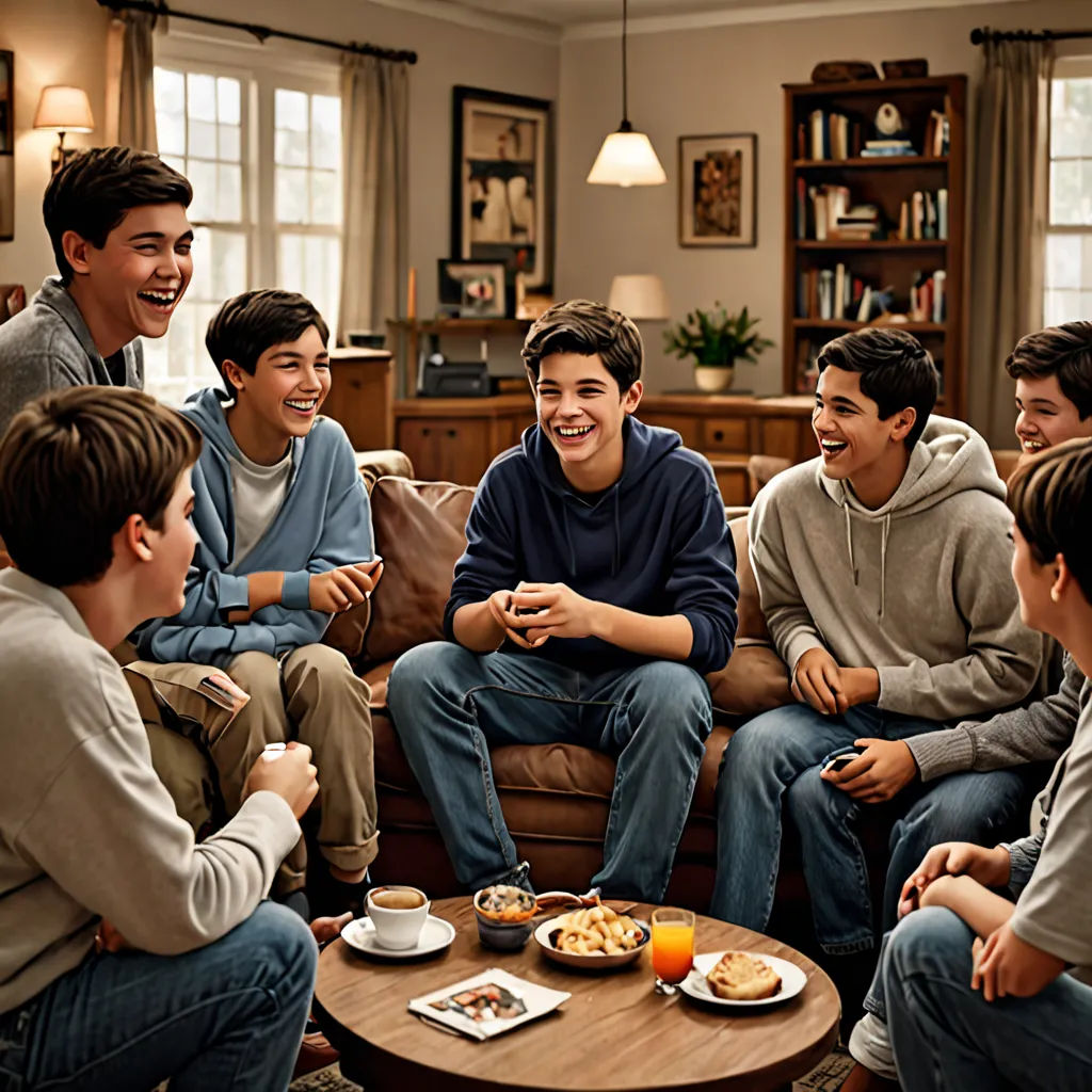 a group of young men sitting around a living room together on a couch and laughing at each other's company, assemblage, a stock photo, Brothers Hildebrandt, promotional image