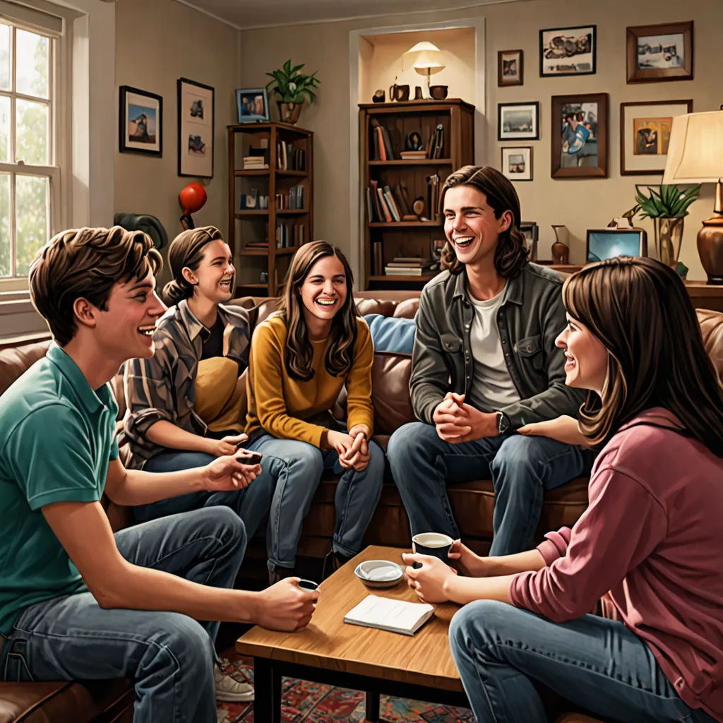 a group of people sitting around a table talking to each other in a living room with a couch and a table, american scene painting, a digital rendering, Bob Byerley, promotional image