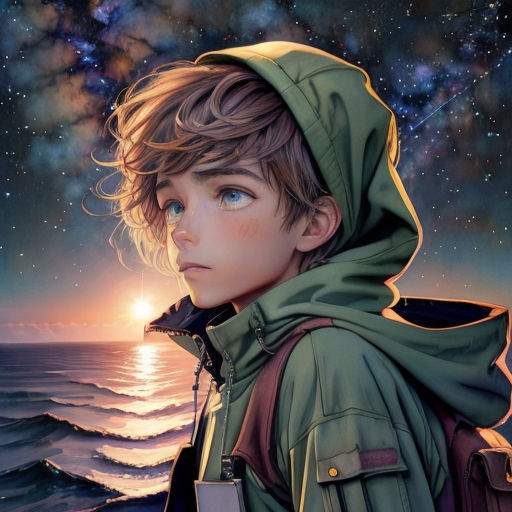 a boy in a green jacket looking at the stars above the ocean and the ocean below him is a star filled sky