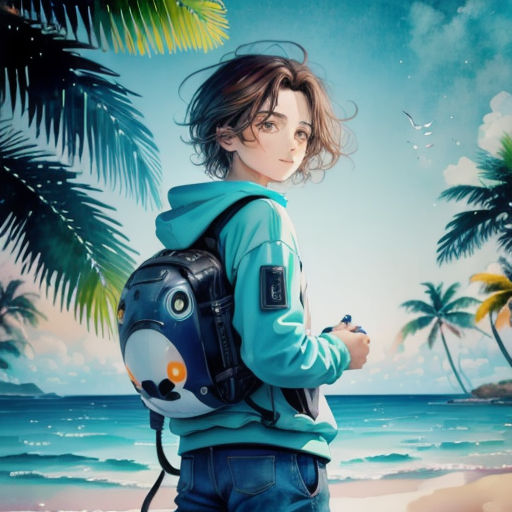 a painting of a girl with a backpack on the beach with palm trees and a bird flying overhead in the sky