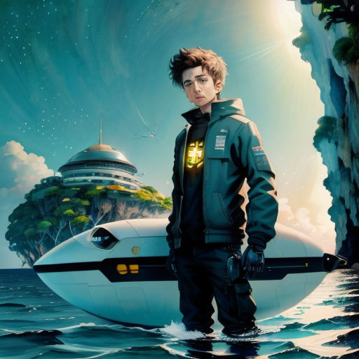 a man standing in front of a futuristic ship in the ocean with a futuristic city in the background and a futuristic building in the background