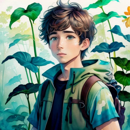 a boy with a backpack standing in front of a painting of flowers and plants on a wall with a butterfly