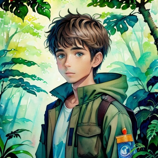 a boy in a green jacket standing in a forest with a backpack on his back and a blue sky in the background