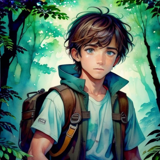 a boy with a backpack in the woods looking at the camera with a serious look on his face and shoulders