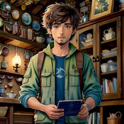 a man standing in a room with a book in his hands and a book in his hand, with a shelf full of dishes behind him