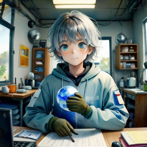 a boy in a blue sweatshirt holding a globe in his hands while sitting at a desk with a laptop