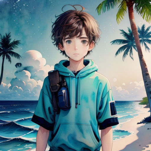 a boy in a blue shirt standing on a beach with palm trees and the ocean in the background with a sky full of stars