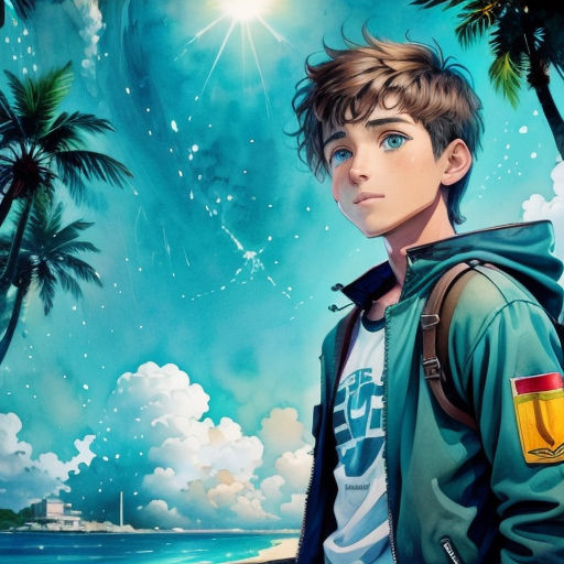 a boy standing in front of a painting of a beach and palm trees with a bright blue sky and stars