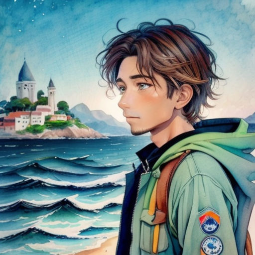 a painting of a man with a backpack on a beach near the ocean and a castle in the background