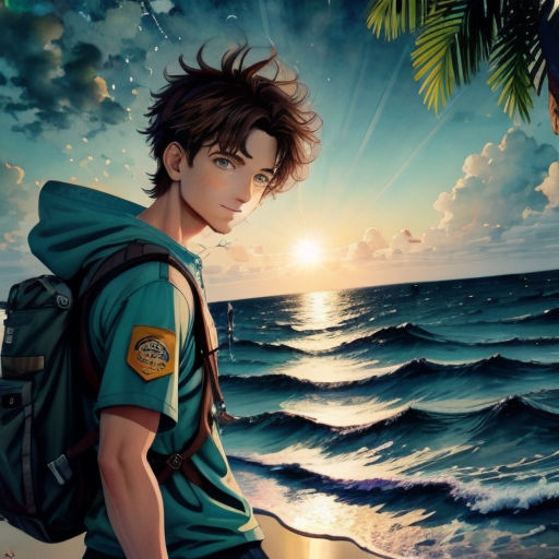 a man with a backpack standing on a beach next to the ocean at sunset with a palm tree in the foreground