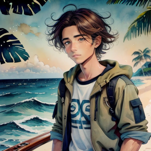 a painting of a man standing on a beach next to the ocean with a suitcase in his hand and a palm tree in the background