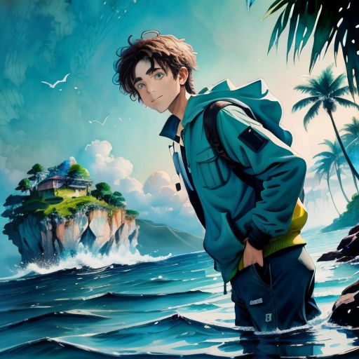 a painting of a boy standing in the water with a island in the background and a bird flying over him
