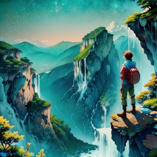 a painting of a boy standing on a cliff looking at a waterfall and stars in the sky above him