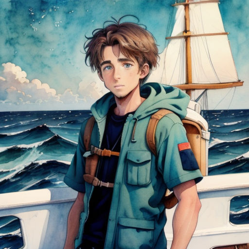a painting of a man standing on a boat in the ocean with a sailboat in the background and a painting of a ship in the background