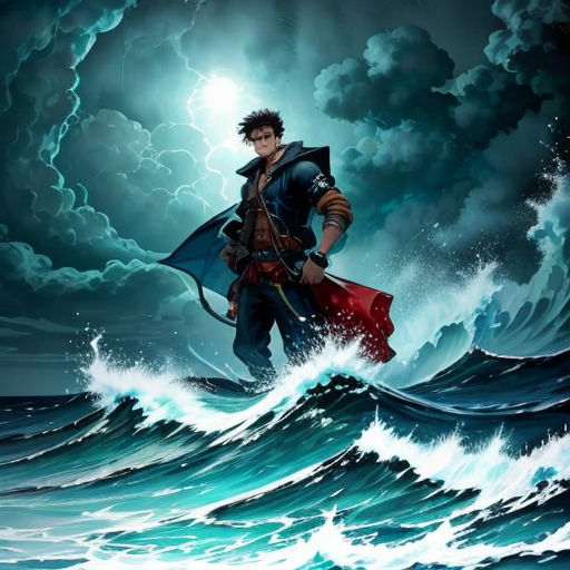 a man in a pirate costume is standing on a wave in the ocean with a red cape and a blue cape
