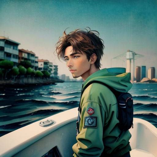 a man in a green jacket is on a boat in the water and looks off into the distance with buildings in the background