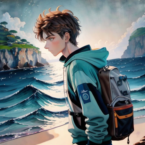 a boy with a backpack looking at the ocean and a painting of a cliff in the background that is painted on the wall