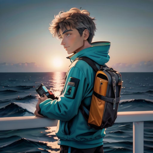 a boy with a backpack on a boat looking at a cell phone in his hand and the sun in the background