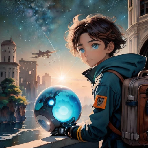 a boy holding a blue ball in his hand and looking at the sky with a plane flying over him