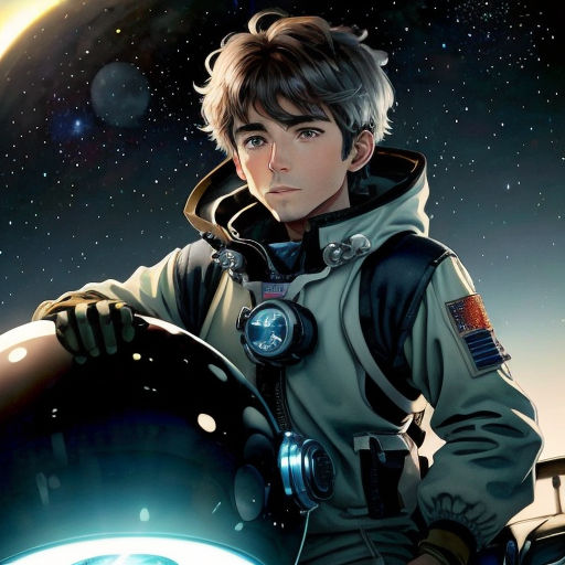 a boy in a space suit holding a light up object in front of a planet with stars in the background