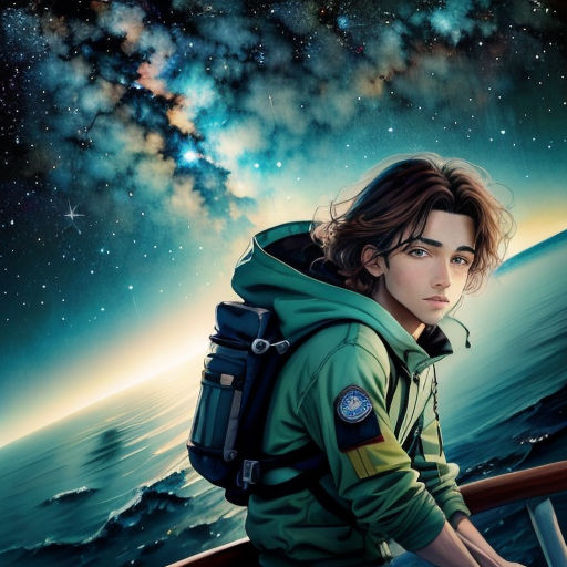 a painting of a man with a backpack on a boat looking at the stars in the sky above him