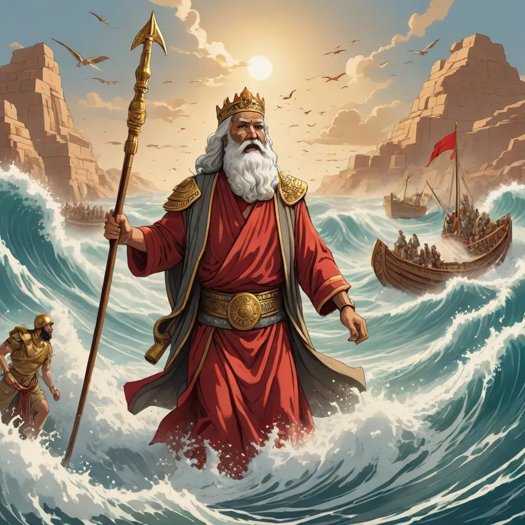 a painting of a man in a red robe and crown holding a staff in a body of water with a boat in the background, Daryush Shokof, sumatraism, a detailed matte painting, detailed illustration