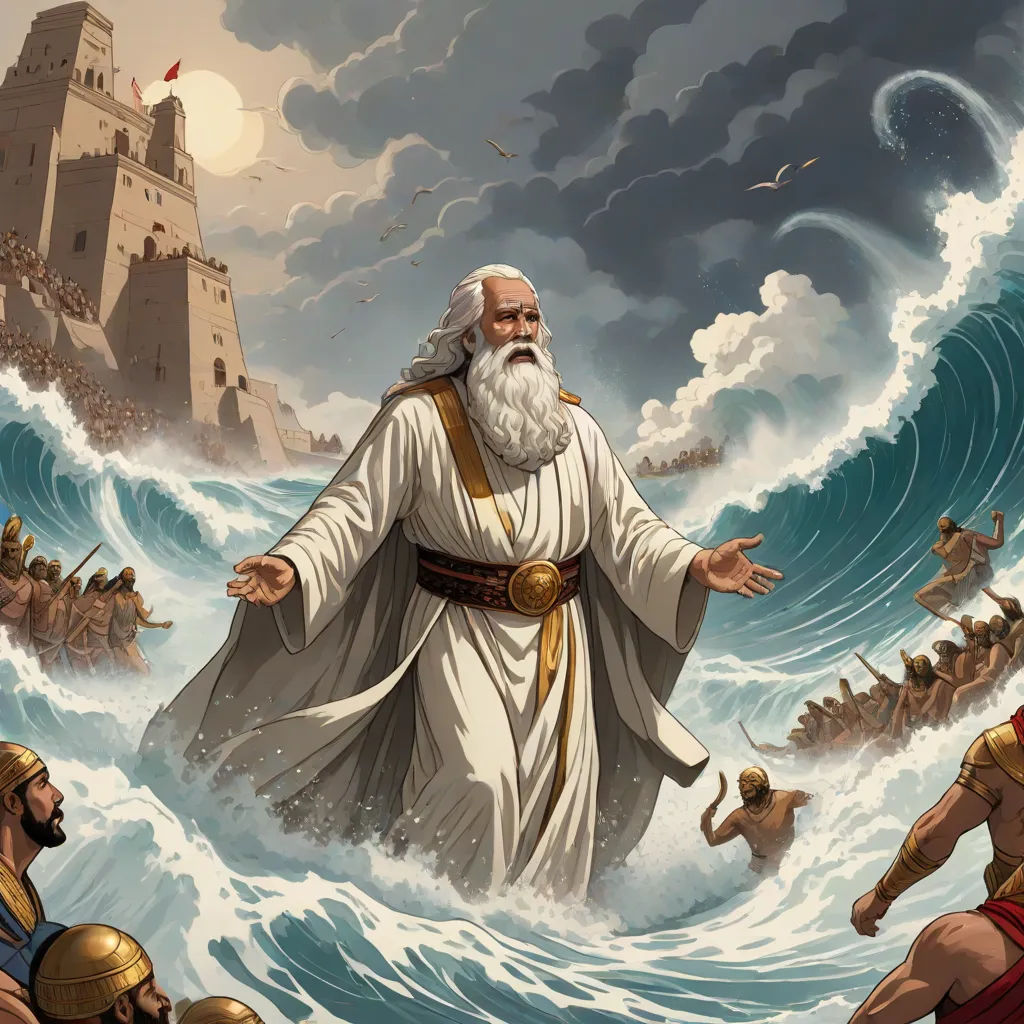 a painting of a man standing in the water with his arms outstretched and two other men in the background, Christophe Vacher, fantasy art, a detailed matte painting, league of legends splash art