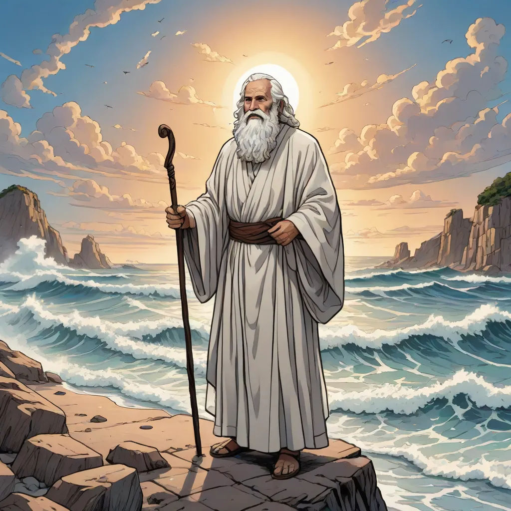 a painting of a man standing on a rock with a staff in his hand and a sunset in the background, Christophe Vacher, rayonism, a detailed drawing, yusuke murata