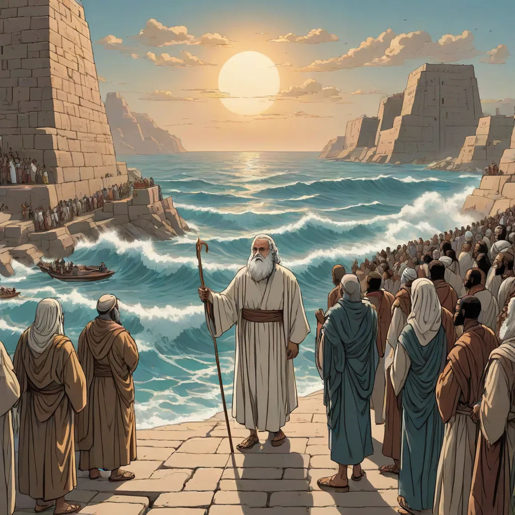 a painting of a man standing in front of a group of people on a beach with a boat in the water, Christophe Vacher, fantasy art, a detailed matte painting, graphic novel