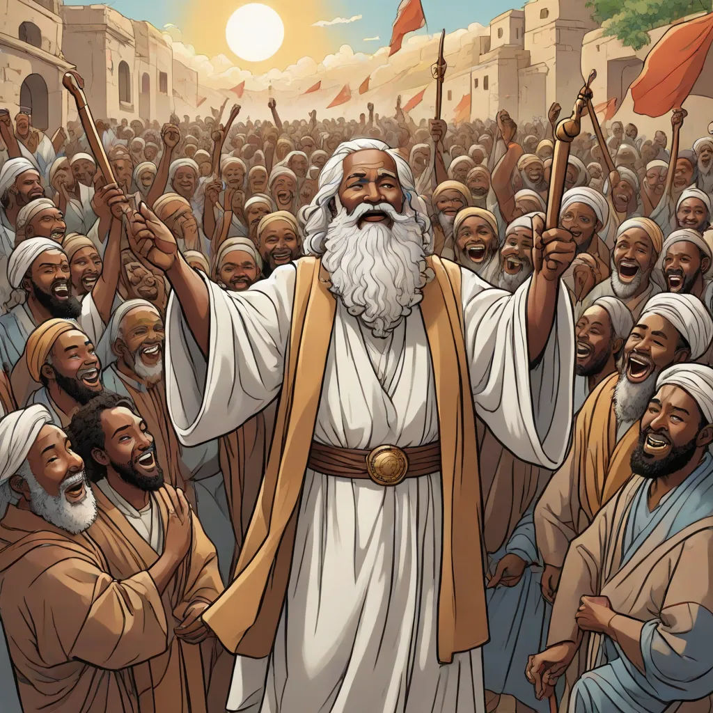 a painting of a man with a beard and a beard standing in front of a crowd of people with arms raised, Asaf Hanuka, unilalianism, a comic book panel, comic cover art