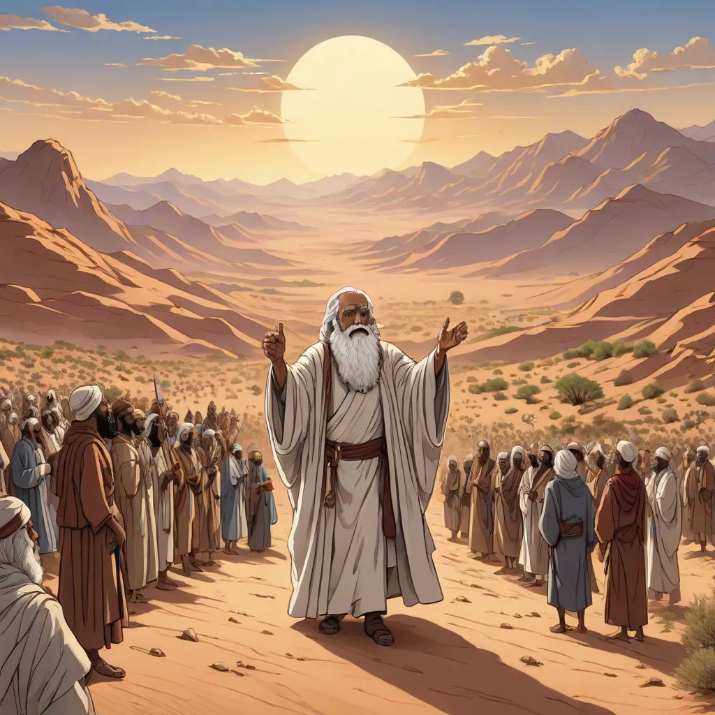 a painting of a man with a beard and a white beard standing in front of a group of people, Asaf Hanuka, rayonism, a detailed matte painting, desert