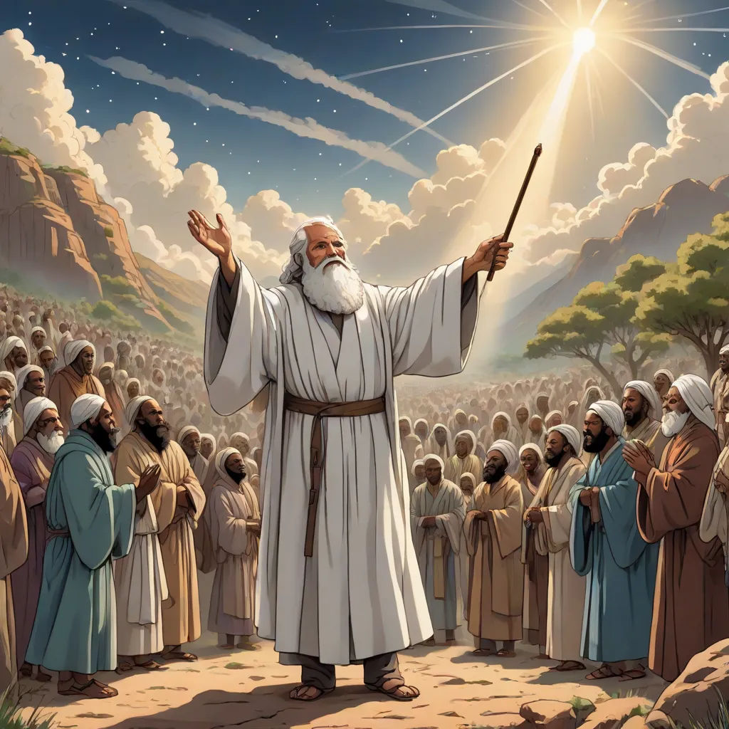 a painting of a man with a staff in front of a crowd of people with clouds and a star, De Hirsh Margules, rayonism, a storybook illustration, god rays