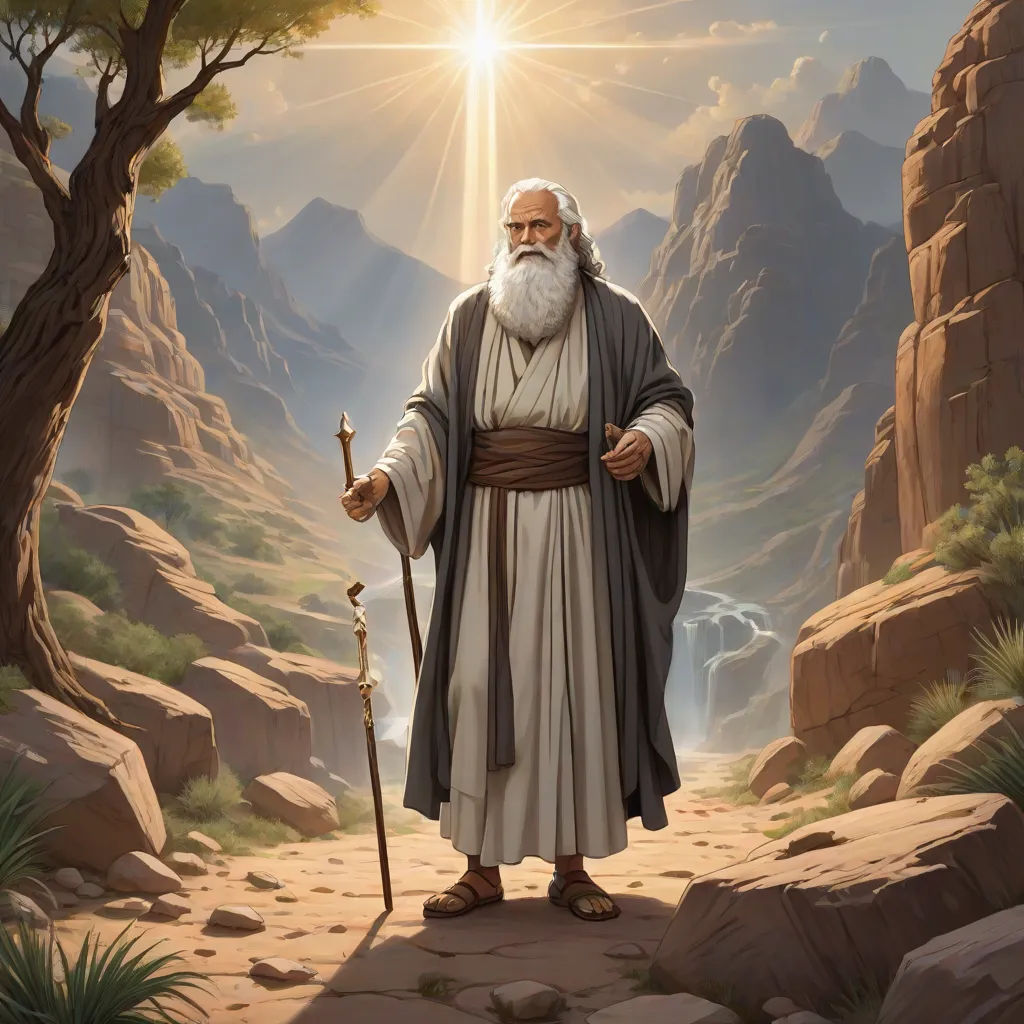 a painting of a man with a staff in a desert landscape with mountains and trees in the background and a sun shining, Christophe Vacher, rayonism, a detailed matte painting, god rays