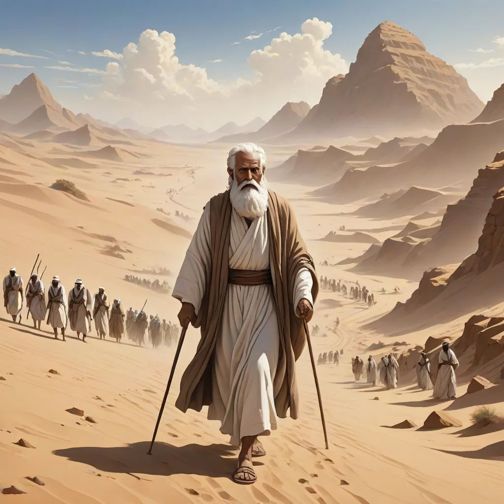 a painting of a man with a long beard and a white beard walking in the desert with a group of people behind him, Christophe Vacher, fantasy art, a detailed matte painting, desert