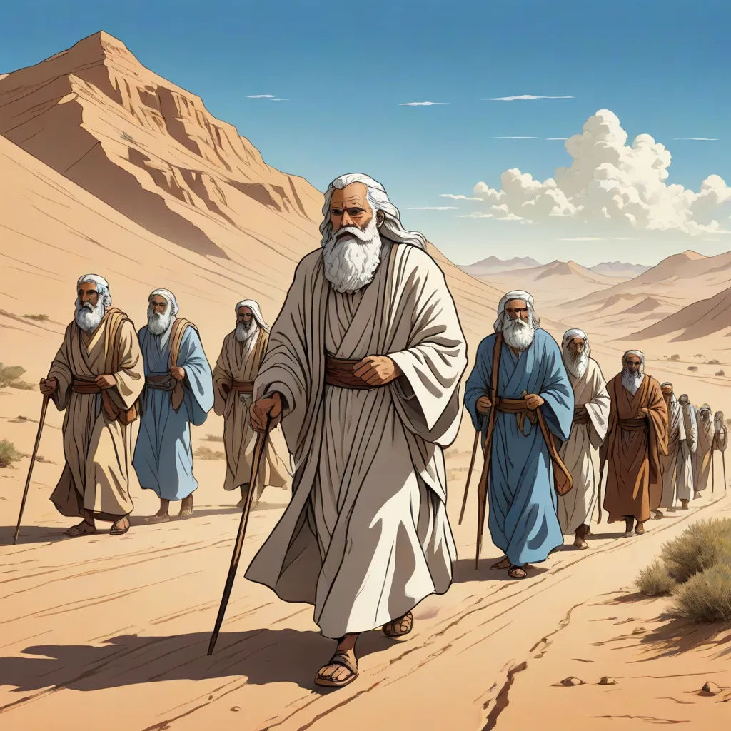 a group of people walking across a desert covered with sand and rocks, with a man with a beard and a long white beard, Constant Permeke, incoherents, a detailed matte painting, desert