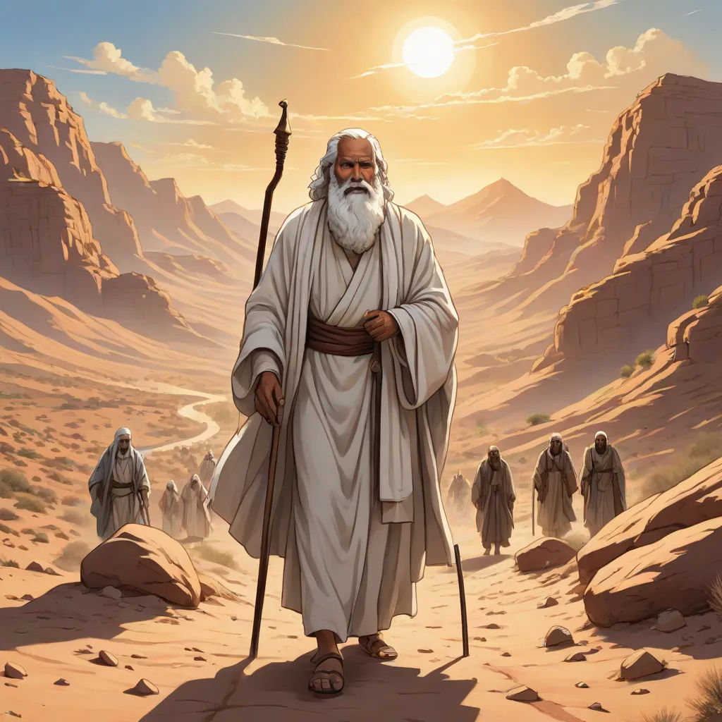 a painting of a man with a staff in the desert with other men in the background walking in the desert, Christophe Vacher, incoherents, a detailed matte painting, epic fantasy character art