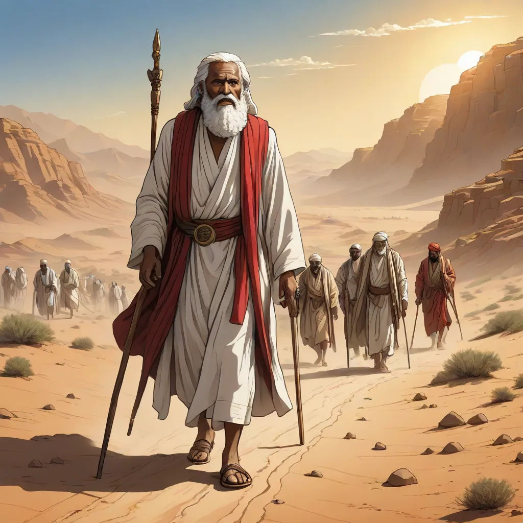 a painting of a man with a long beard and a long beard walking in the desert with other men, De Hirsh Margules, incoherents, a detailed matte painting, desert