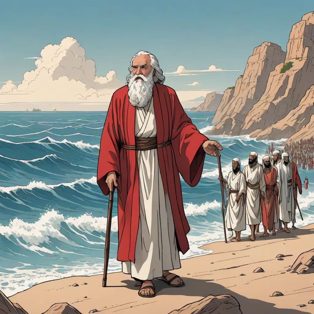 a cartoon of a man with a long beard and a beard standing on a beach with other men in the background, Asaf Hanuka, les nabis, a comic book panel, graphic novel