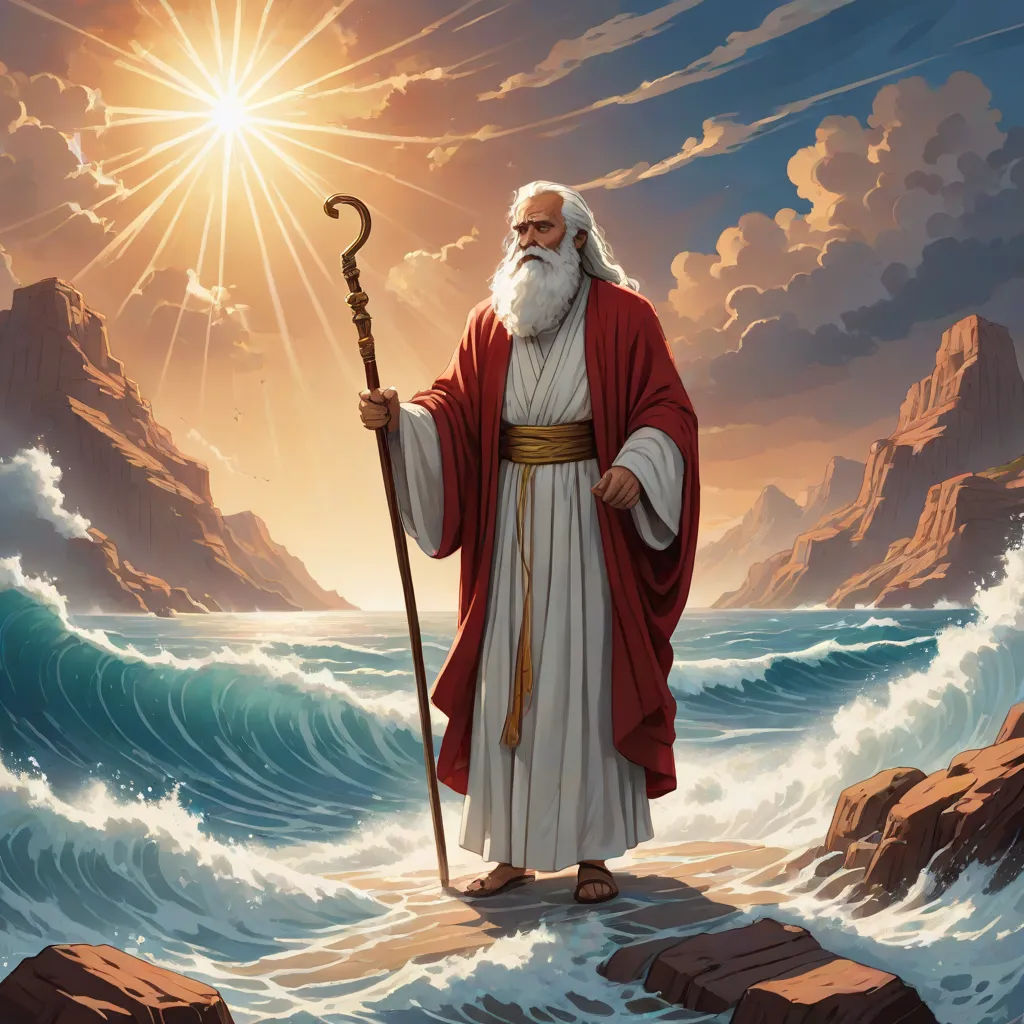 a painting of a man standing on a rock in the ocean with a staff in his hand and a star above his head, Christophe Vacher, rayonism, a detailed matte painting, god rays