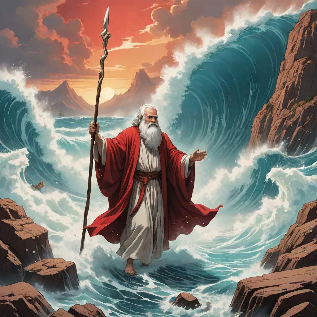 a painting of a man with a staff in the ocean with waves behind him and a red cape on his head, Christophe Vacher, rayonism, a detailed matte painting, magic the gathering artwork