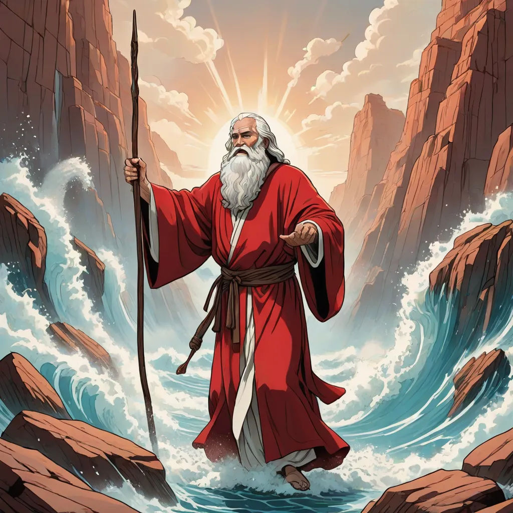 a man with a long white beard and a red robe holding a stick in his hand and standing in a river, Christophe Vacher, rayonism, computer graphics, magic the gathering artwork