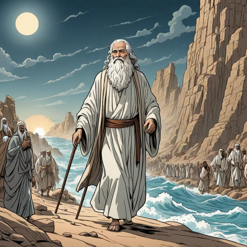 a cartoon of a man with a long white beard and a beard, walking on a rocky beach with a group of people, Christophe Vacher, rayonism, a detailed drawing, yusuke murata