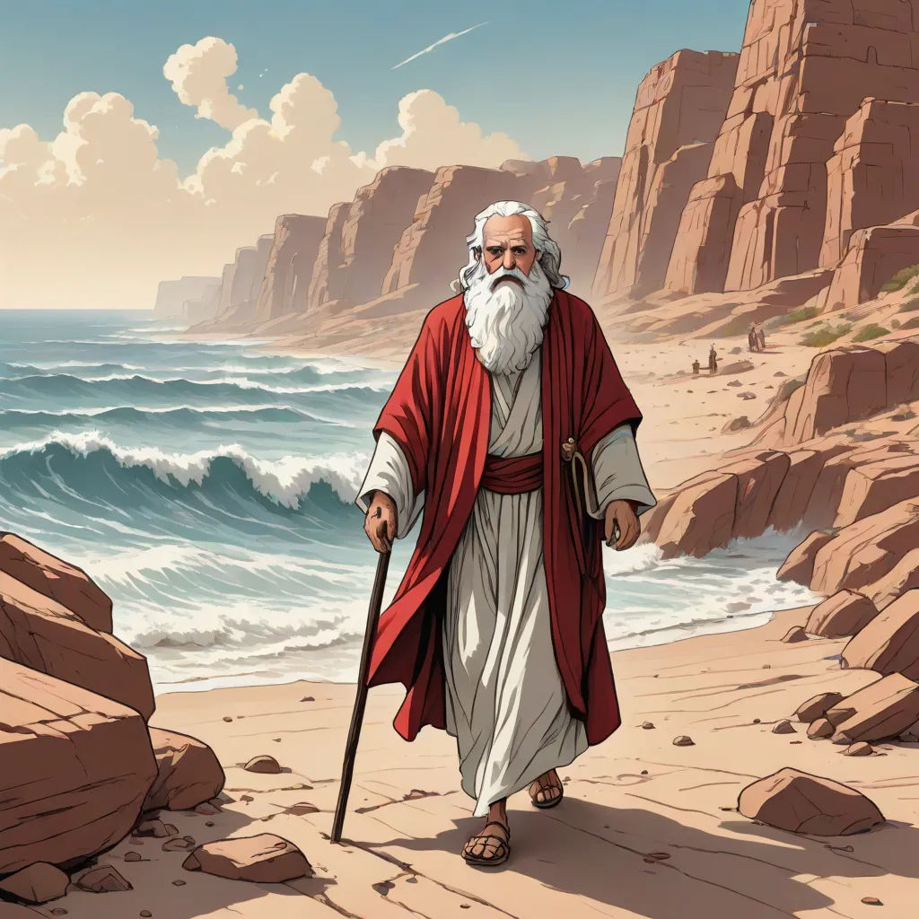 a man with a long white beard and a red robe is walking on a beach near the ocean with a rock formation, Christophe Vacher, precisionism, a detailed matte painting, yusuke murata